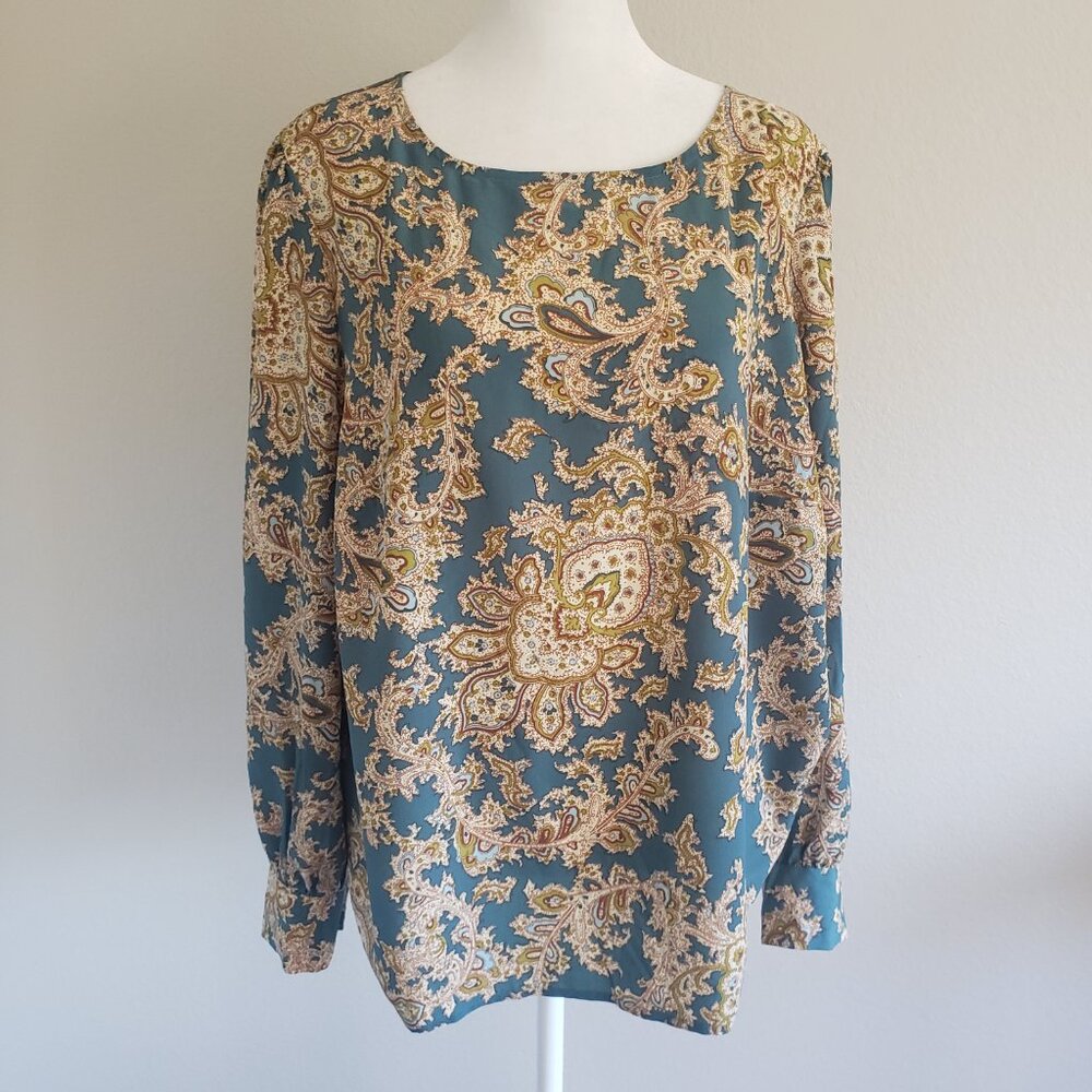 Talbots Woman Blouse Top Teal Gold Long Sleeve Soft Silky Keyhole Plus Size X